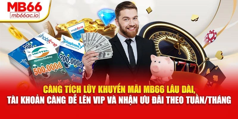 Khuyến Mãi MB66: Các Chương Trình Tích Luỹ Cho Hội Viên Càng tích lũy khuyến mãi MB66 lâu dài, tài khoản càng dễ lên VIP và nhận ưu đãi theo tuần/tháng