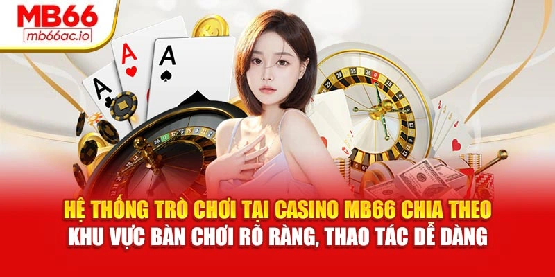 Hệ thống trò chơi tại Casino MB66 chia theo khu vực bàn chơi rõ ràng, thao tác dễ dàng